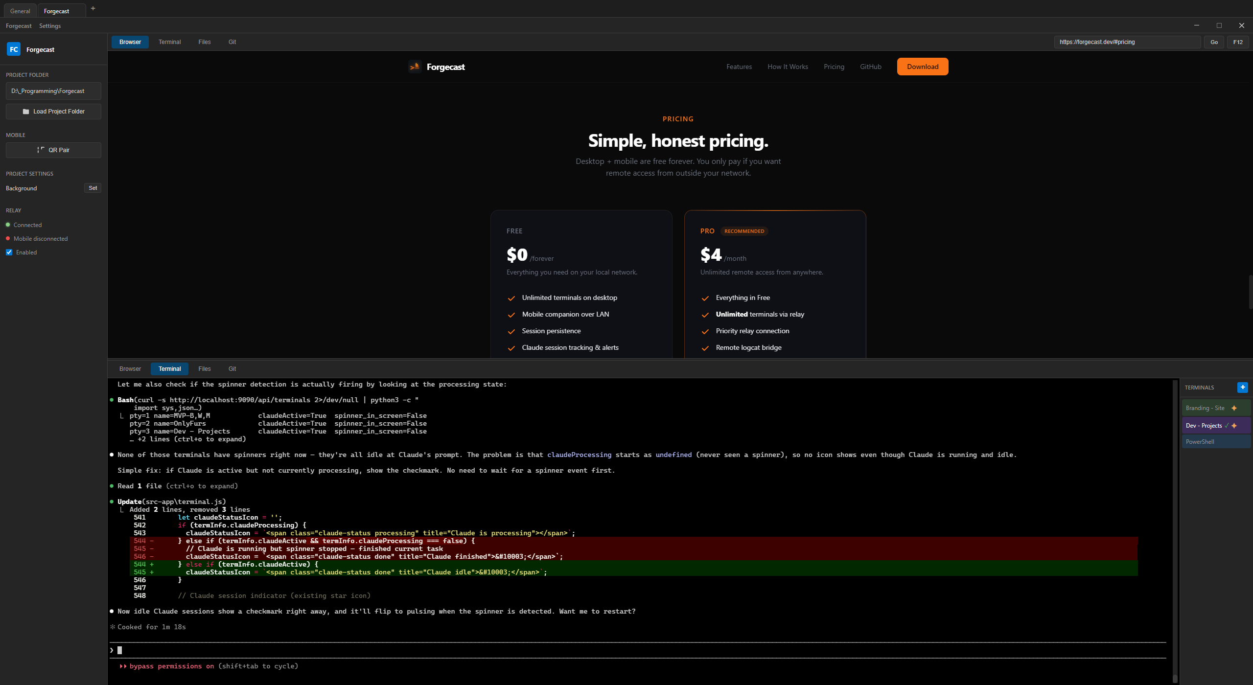 Forgecast desktop showing Claude editing code with diff highlighting