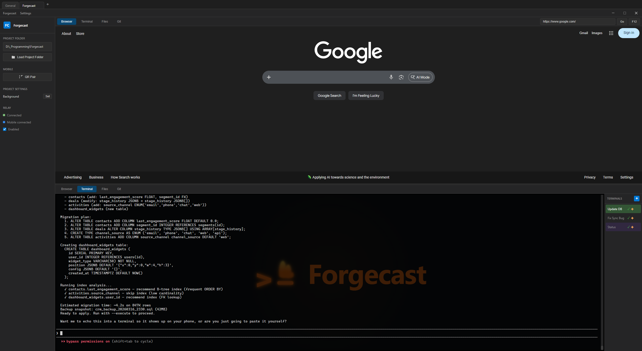 Forgecast desktop app with multiple terminals, background image, and dual-pane layout