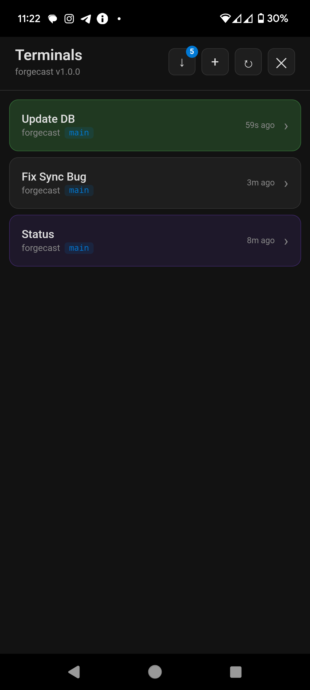 Forgecast mobile companion showing terminal list with colors and git branches